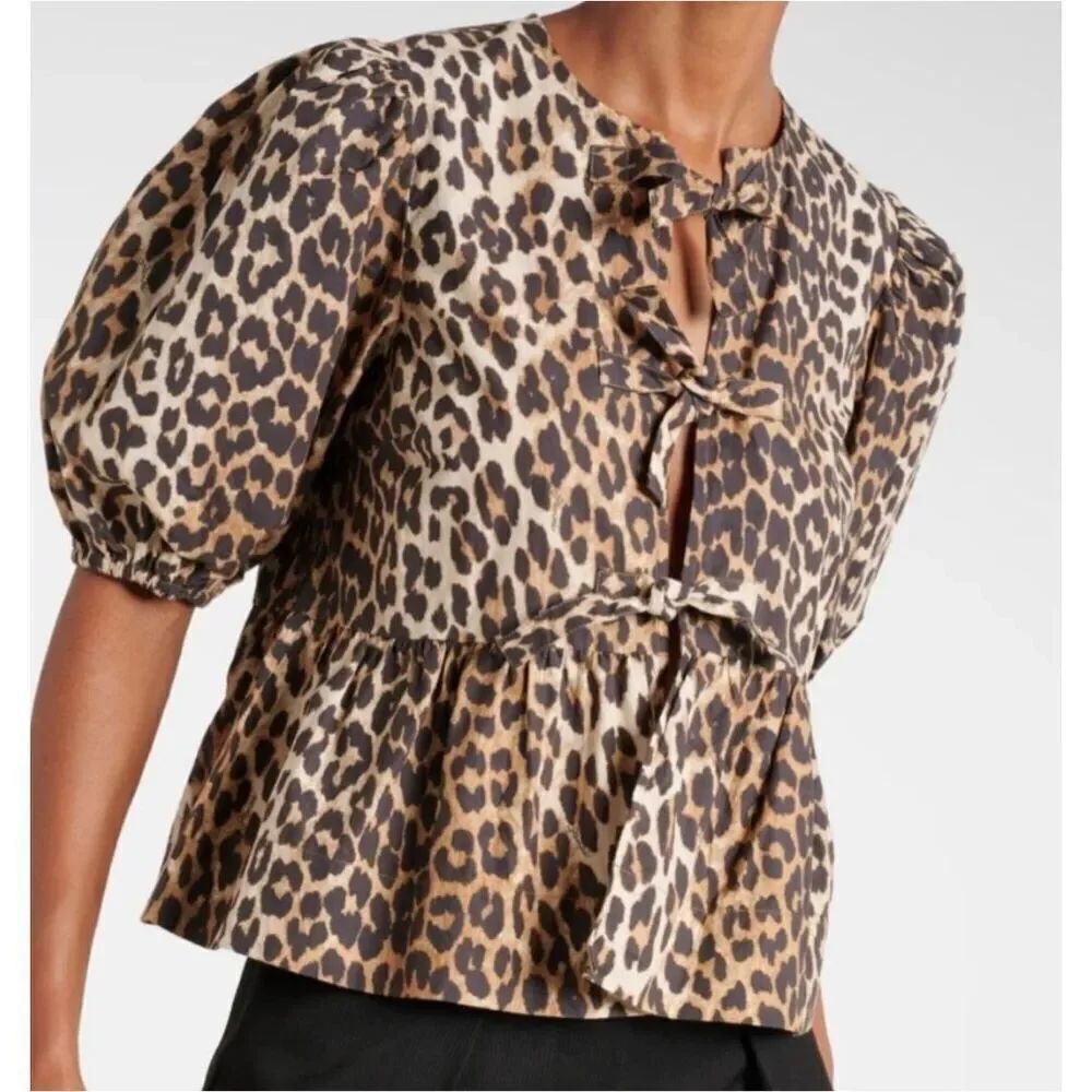 Kaktus Leopard Print Tie-Front Peplum Blouse Cotton Poplin Size Large NWT